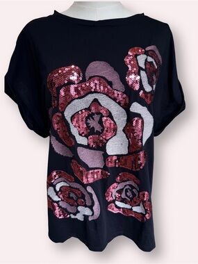 Emily Daniels Sequin Floral Statement T-Shirt Blouse Black Pink